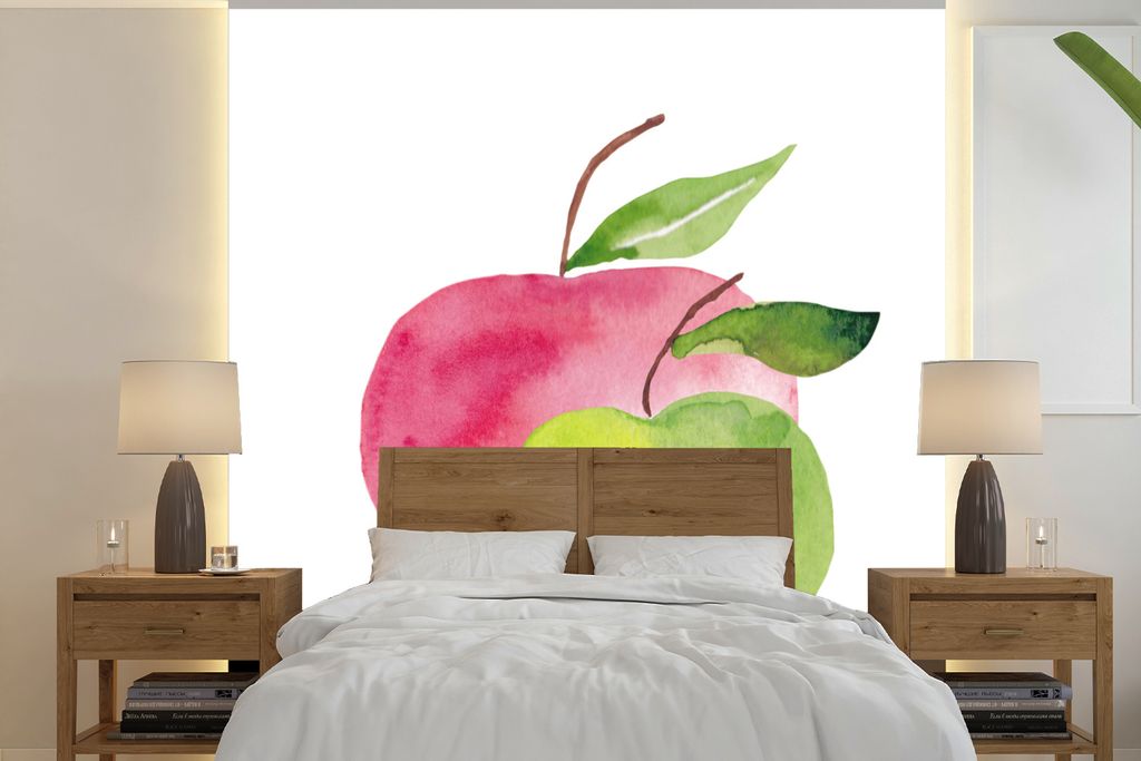 MuchoWow Fototapete für Wohnzimmer oder Schlafzimmer Wandtapete Vinyl Motivtapete Äpfel - Aquarell - Weiß - 260x260 cm - Papiertapeten