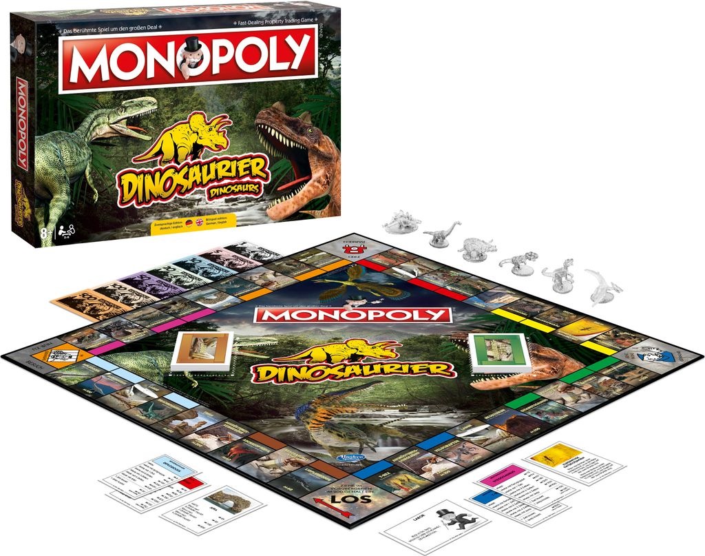 A Monopoly Dinosaurier board game box and board are displayed together on a white background.
