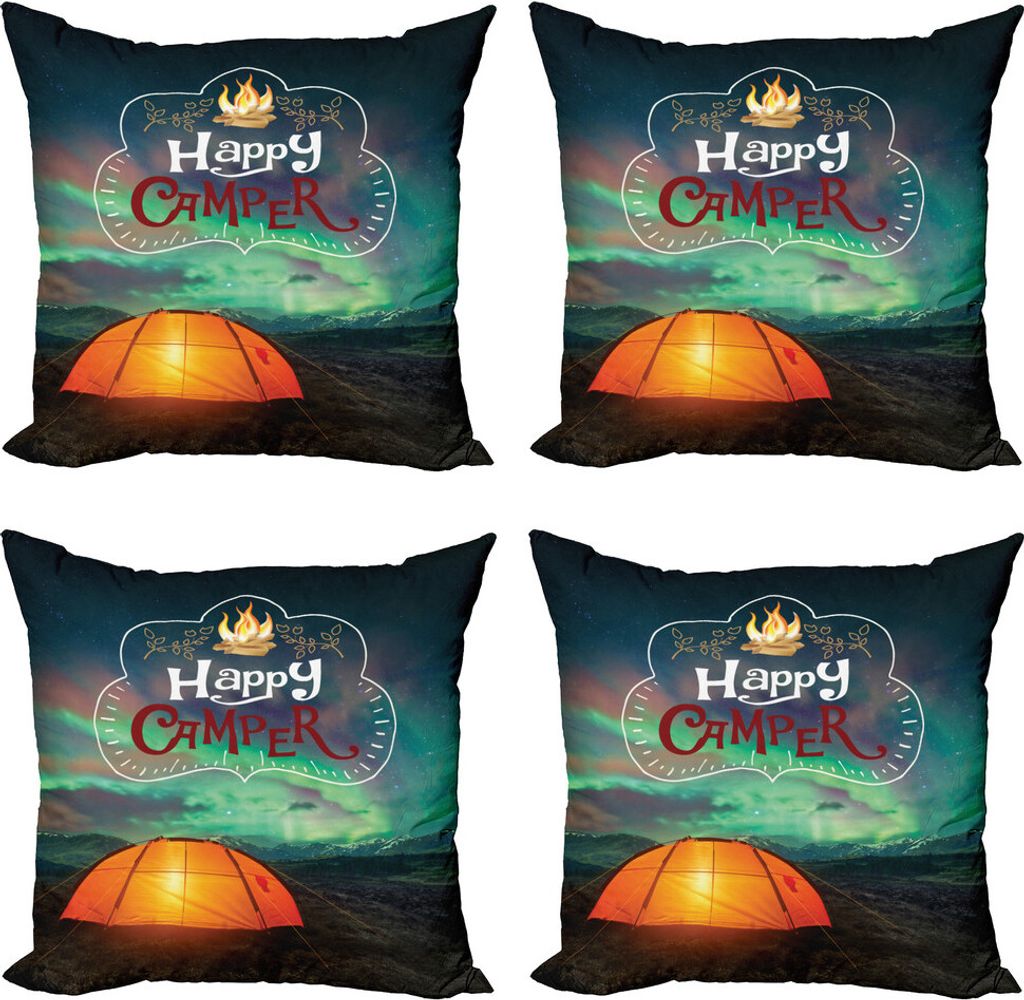 ABAKUHAUS Glücklicher Camper Kissenbezug Set (4 Stück), Aurora Borealis Tent, Moderner Doppelseitiger Digitaldruck, 60 cm x 60 cm, Mehrfarbig