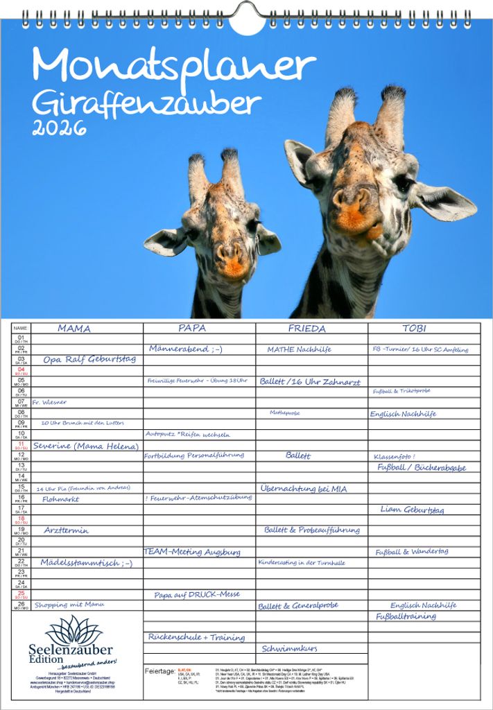 Giraffenzauber Planer Familienplaner 4 Spaltenplaner DIN A3 Kalender für 2026 Giraffen - Seelenzauber