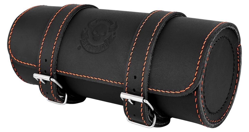 Werkzeugrolle in Orange, kompatibel mit Harley Davidson Chopper Reisekoffer aus Leder, Hot Rod Koffer für Sissybar und Gepäckrolle, schwarz