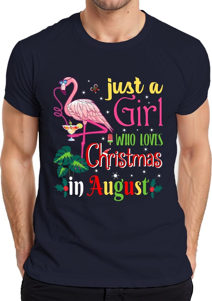 Just a Girl Who Loves Christmas in August Flamingo Tropical Beach Herren T-Shirt, Navy, S
