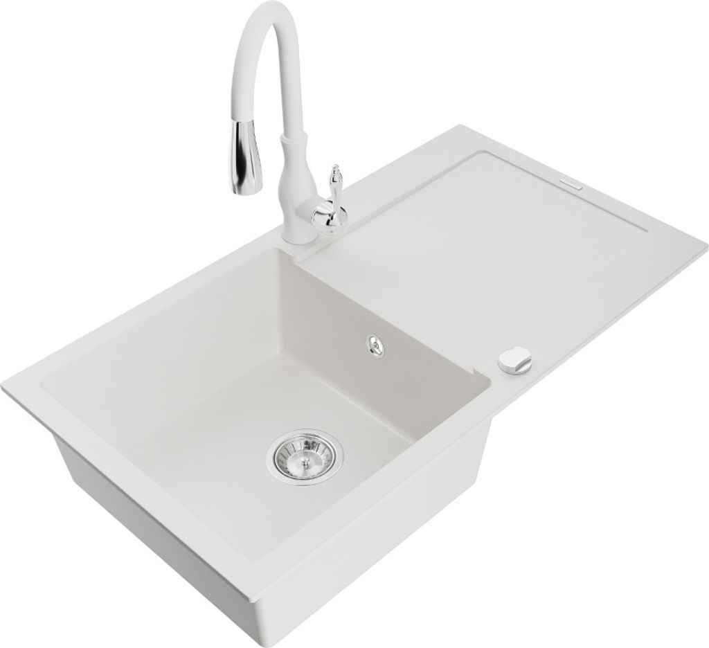 Mexen Leo 1 Becken-Granitspüle mit Abtropffläche und Mischbatterie Savita, Weiß - 6501-20-672601-20