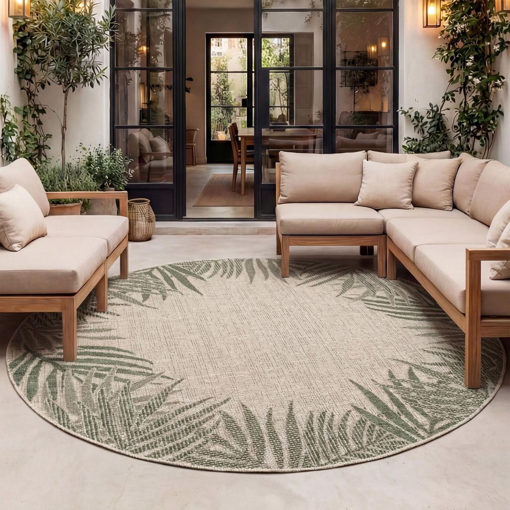 Volero - Outdoor Teppich Rund - Tiga Edge Grün - Ø 200 cm - Wohnzimmer, Balkon, Garten, Terrasse - Boho, Ländlich, Modern