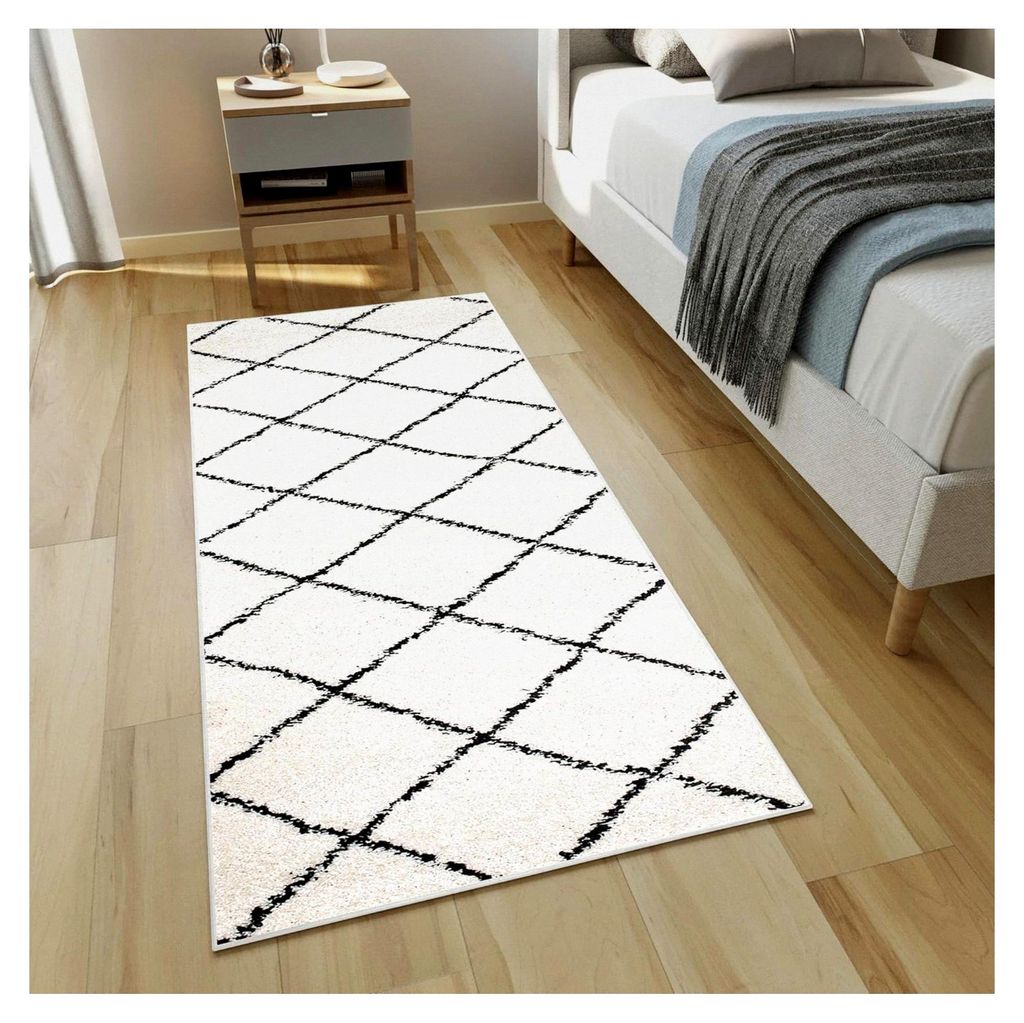 Teppichläufer Delhi Hochflor Shaggy Creme Schwarz Karo Boho Design 120 x 180 cm
