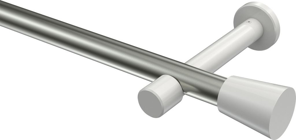 Interdeco Gardinenstange / Vorhangstange Edelstahl-Optik / Weiß, Typ Prestige Sitra (Konus) ohne Ringe, 20 mm Ø 1-läufig, 240 cm
