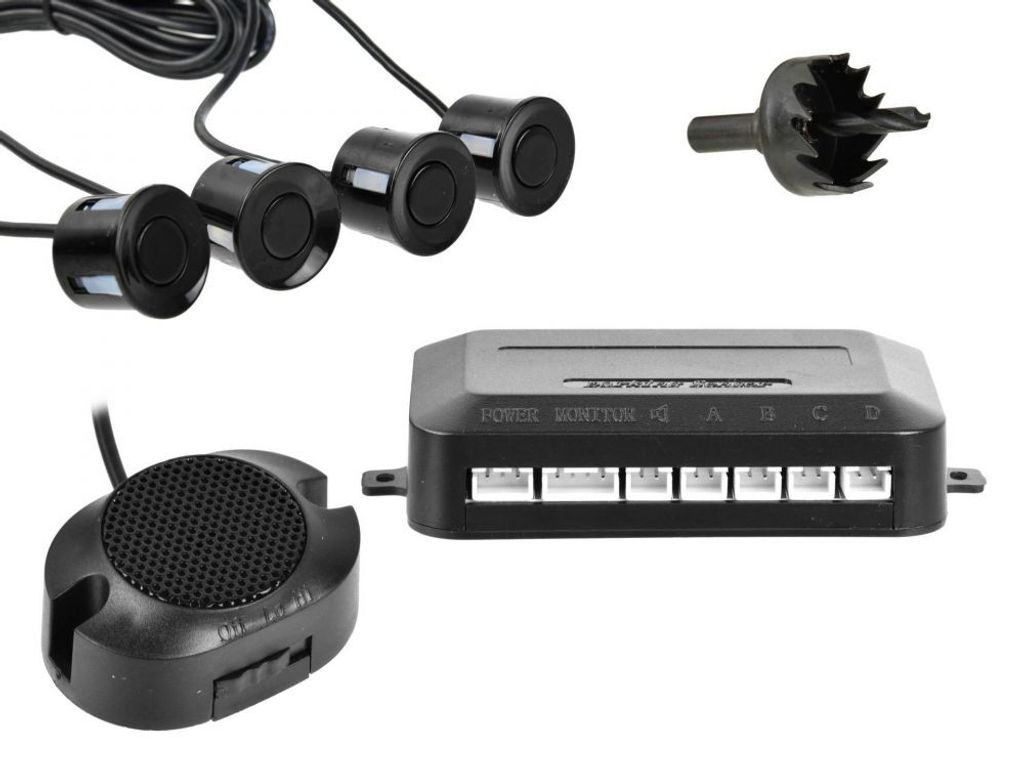 BSD Parksensor Set - Rückfahrhilfe, Rückfahrsystem - 4 Sensoren + Audio-Summer - Lochsäge inklusive