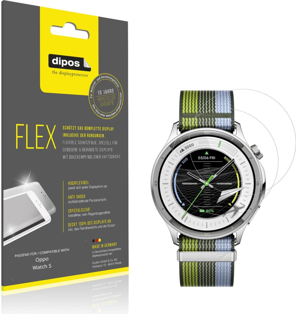 2x Schutzfolie für Oppo Watch S Folie, 100% Displayabdeckung, dipos Flex