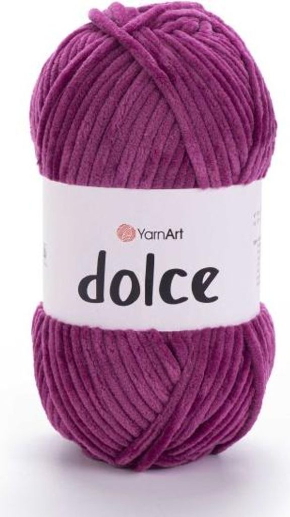 A ball of purple yarn with a white label.
