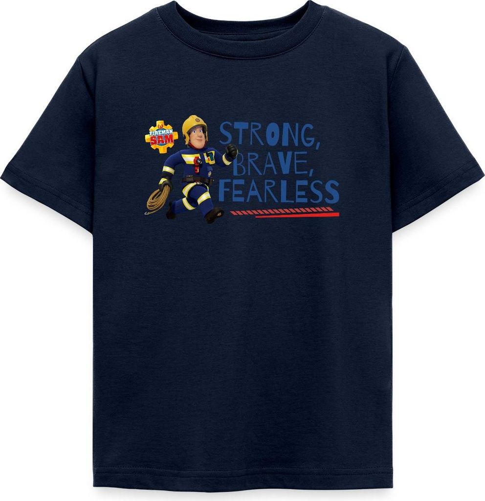 Spreadshirt Feuerwehrmann Sam Strong, Brave, Fearless Kinder T-Shirt, 110/116 (5-6 Jahre), Navy