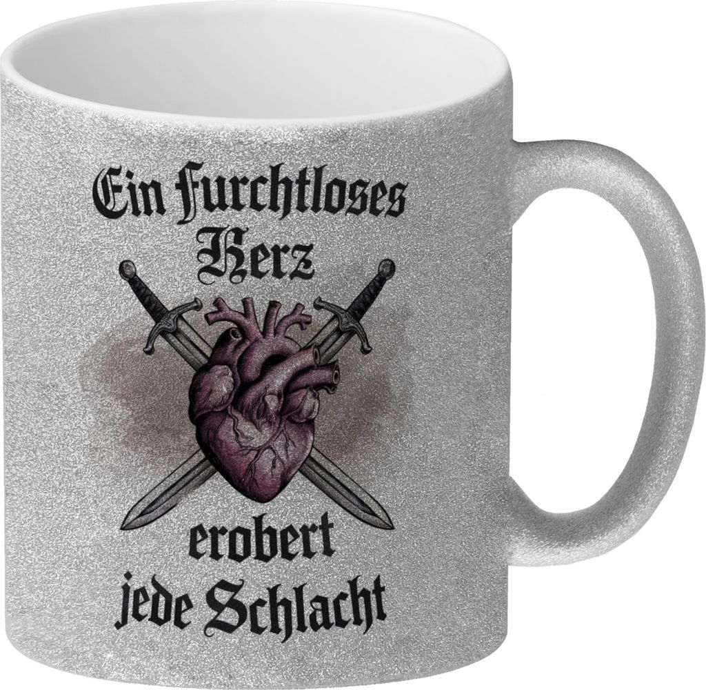 Furchtloses Herz erobert Schlacht Glitzer-Kaffeebecher - Herz und Schwerter