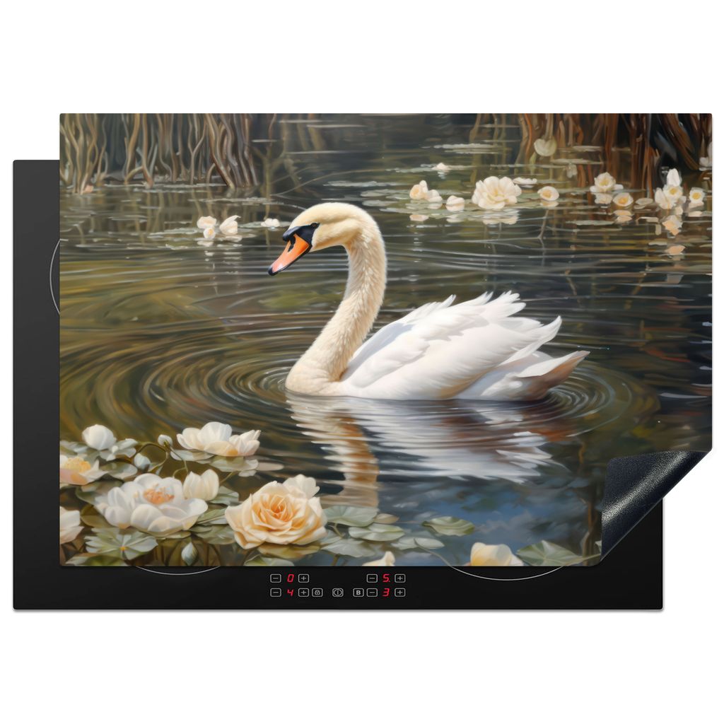 KitchenYeah Herdabdeckplatte Schwan - Blumen - Lilie - Tiere , 75x52cm, Küche Deko, Glaskeramikkochfeld Herdabdeckung, Abdeckplatte fùr Kochfeld
