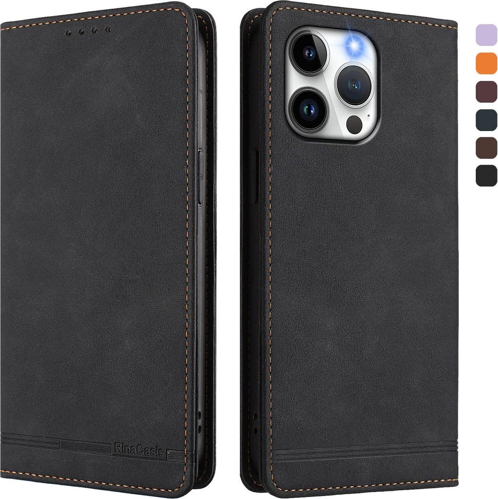 Hülle für iPhone 14 Pro Max, Retro Kunstleder Ständer Klapphülle mit Kartenfächer und Magnetische Schwarz