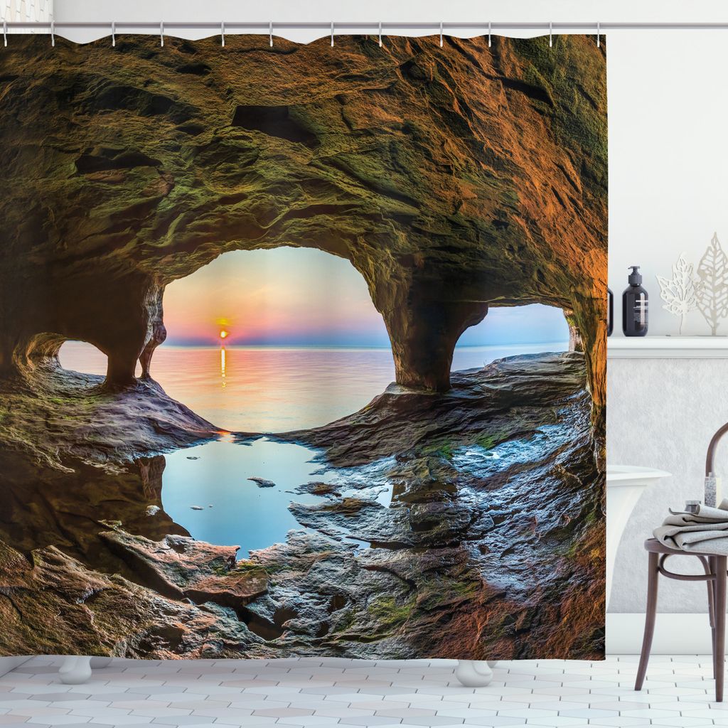 ABAKUHAUS Natur Duschvorhang, Big Grotto by the Sea, Wasser Blickdicht inkl.12 Ringe Langhaltig Bakterie und Schimmel Resistent, 175 x 200 cm, Grü...