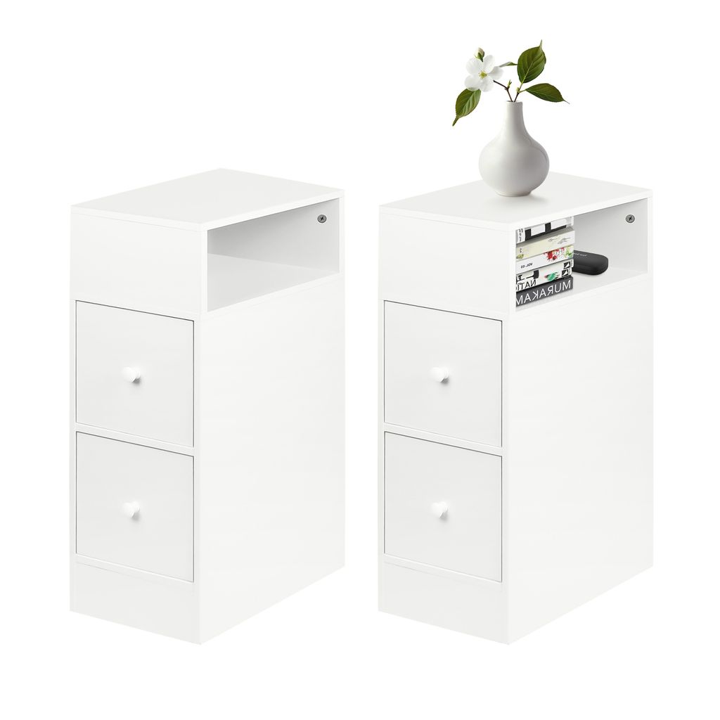 Nachttisch 2er Set, schmal, Beistelltisch mit 2 Schubladen, offenes Fach Weiß