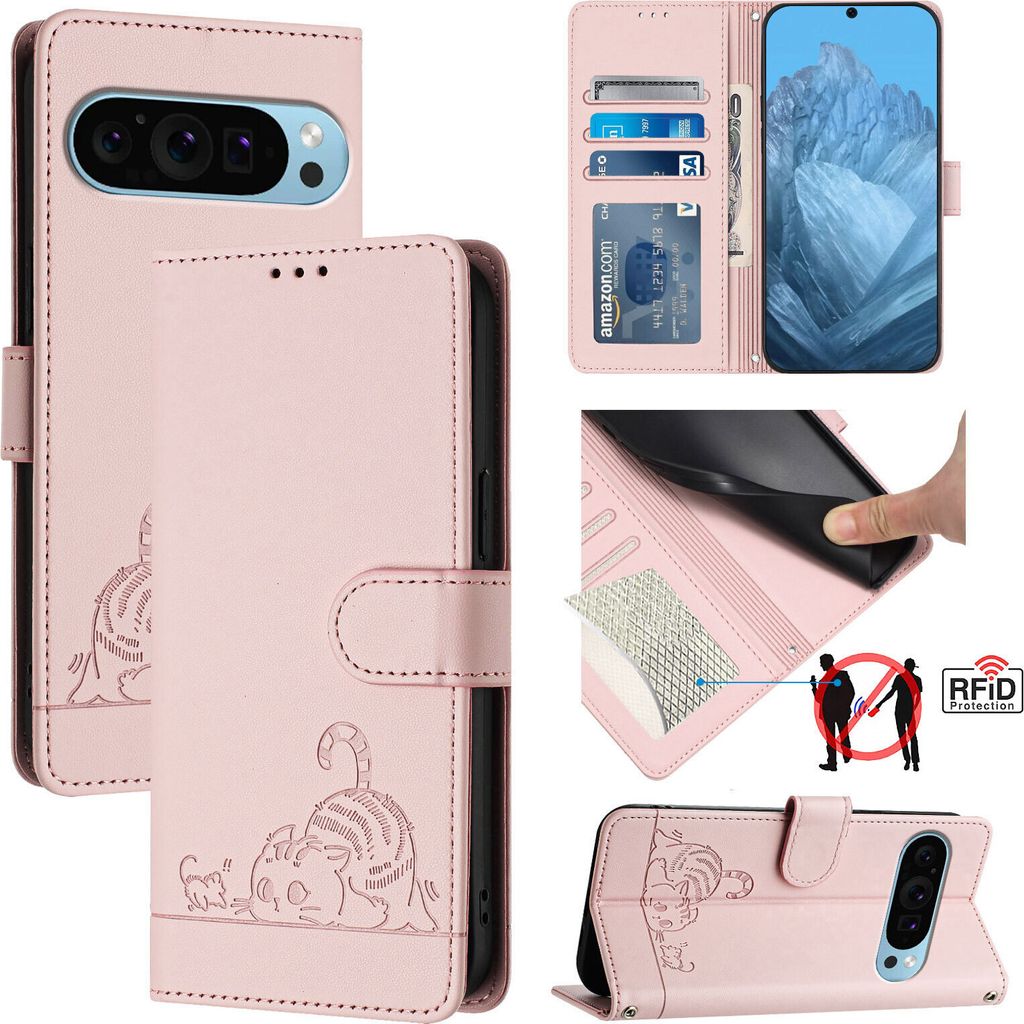 Leder Hülle für Google Pixel 9 Pro XL Süße Katze Flip Case Brieftasche Schutzhülle mit Standfunktion Pink