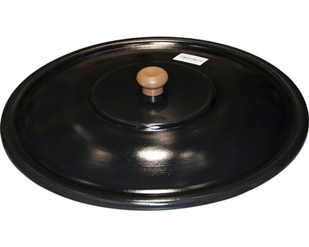 A black lid with a brown knob on a white background.