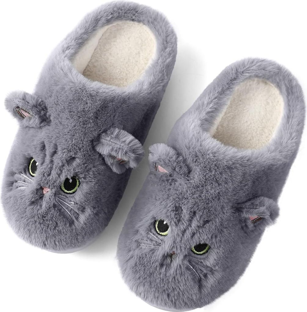 ASKSA Flauschige Hausschuhe Damen Herren Winter Katze Hausschuhe Baumwolle Pluesch Kuschel Lustig Tiere Schuhe Cat Slippers, Grau, Groesse: 40-41