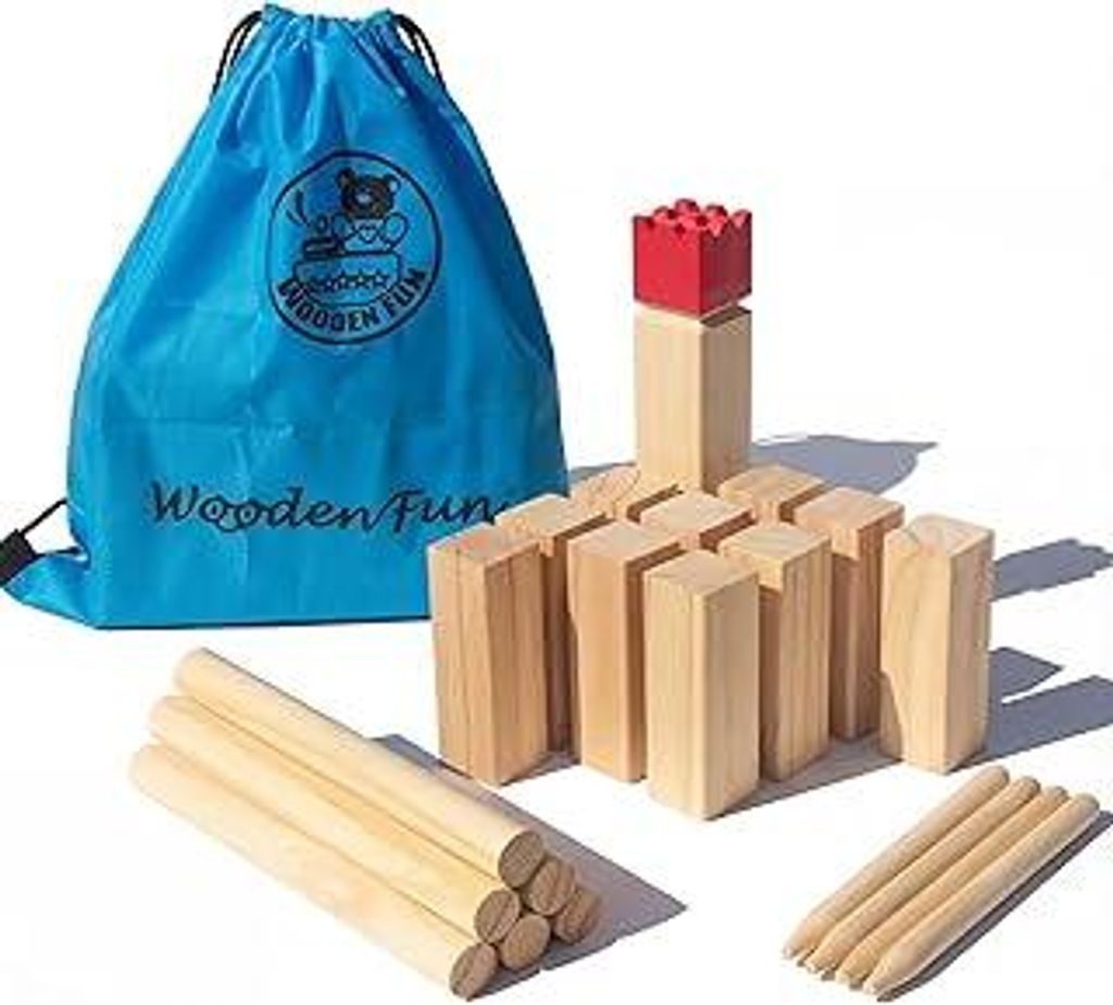 Original Kubb Wikinger Spiel im Freien Outdoor Holz Schwedenschach mit Beutel Party Spiele für Kinder und Erwachsene