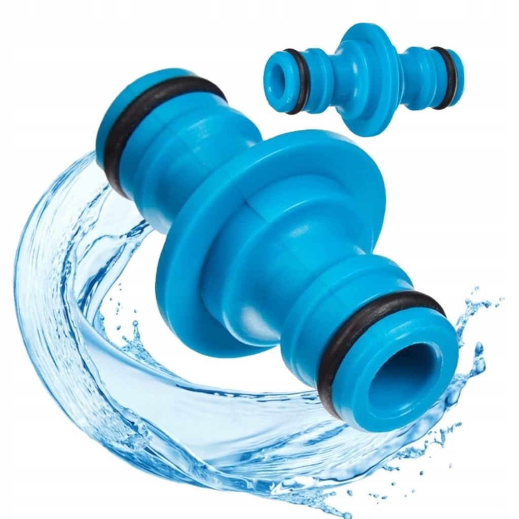A blue garden hose connector with water splashing around it.