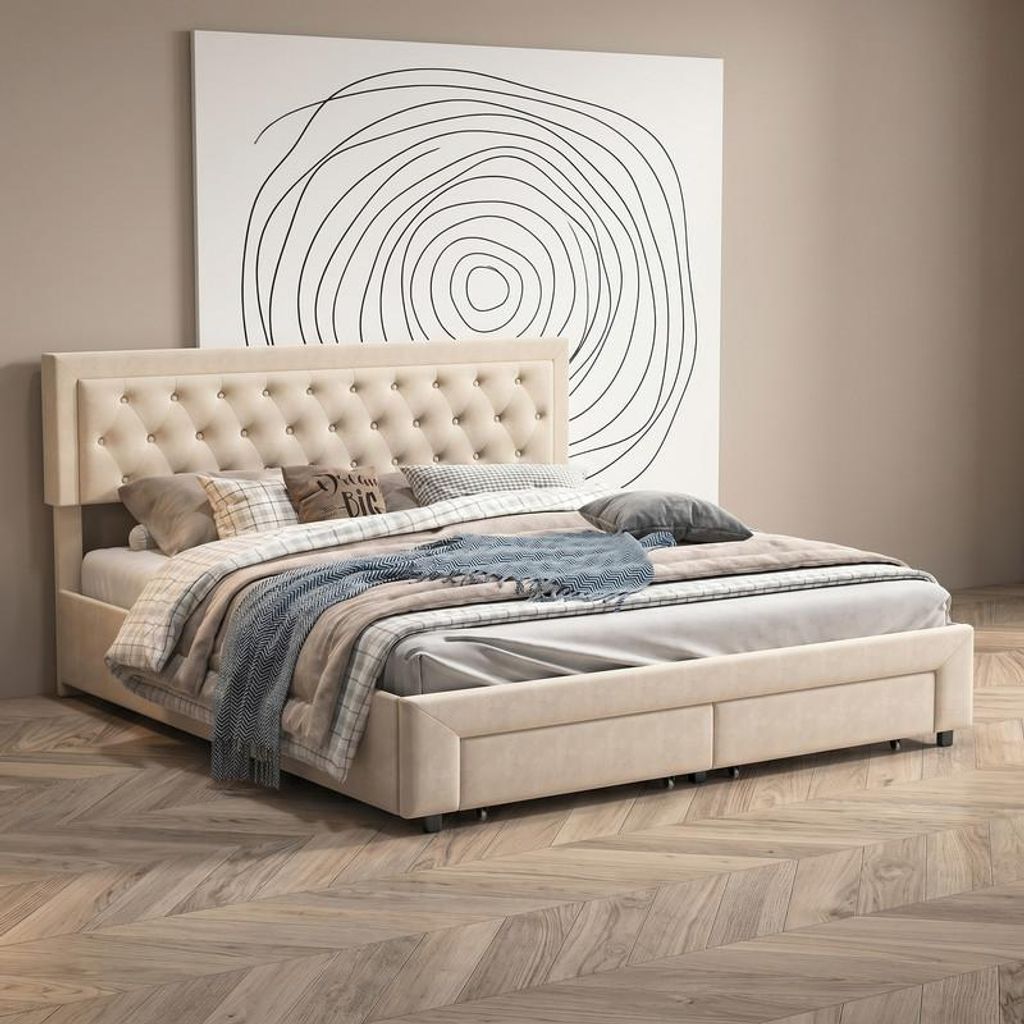 Cadre de lit ProximaX en velours beige 160 x 200 cm avec Image du produit 