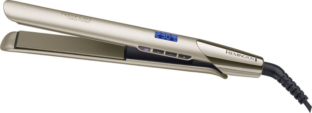 A gold Remington hair straightener is shown against a white background.