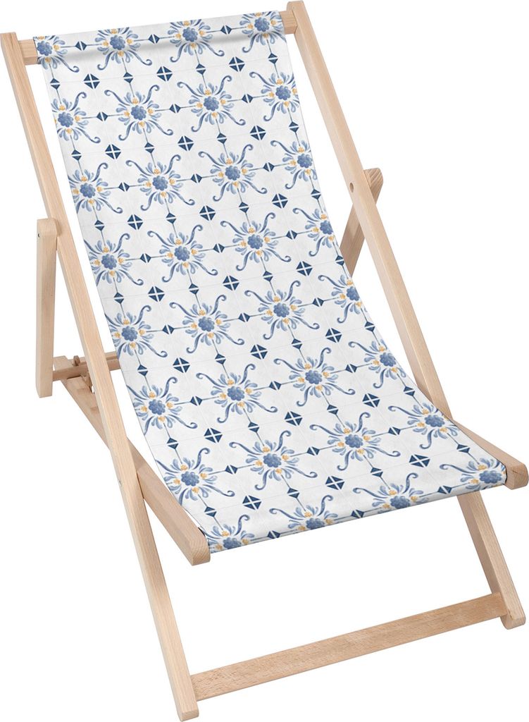 Dreamroots Liegestuhl klappbar Holz,bis zu 130 kg, Sonnenliege klappbar mit 3-stufiger Neigungsregulierung der Rückenlehne, Blue and Yellow Tiles