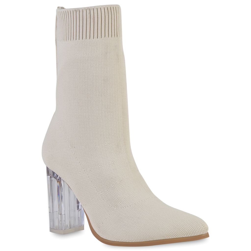 VAN HILL Damen Schlupfstiefeletten Stiefeletten Stiefel Strick Stoff-Schuhe 839470, Farbe: Beige, Größe: 40
