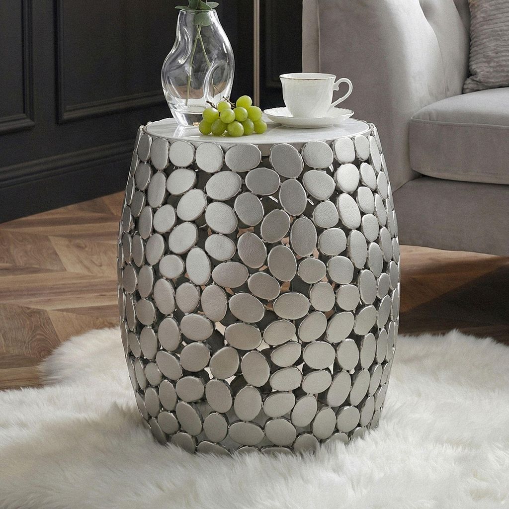 WOHNLING Design Beistelltisch rund 40cm aus Aluminium silber & weißer Marmor Tischplatte – Couchtisch Alu – Metall Wohnzimmertisch Dekotisch H...