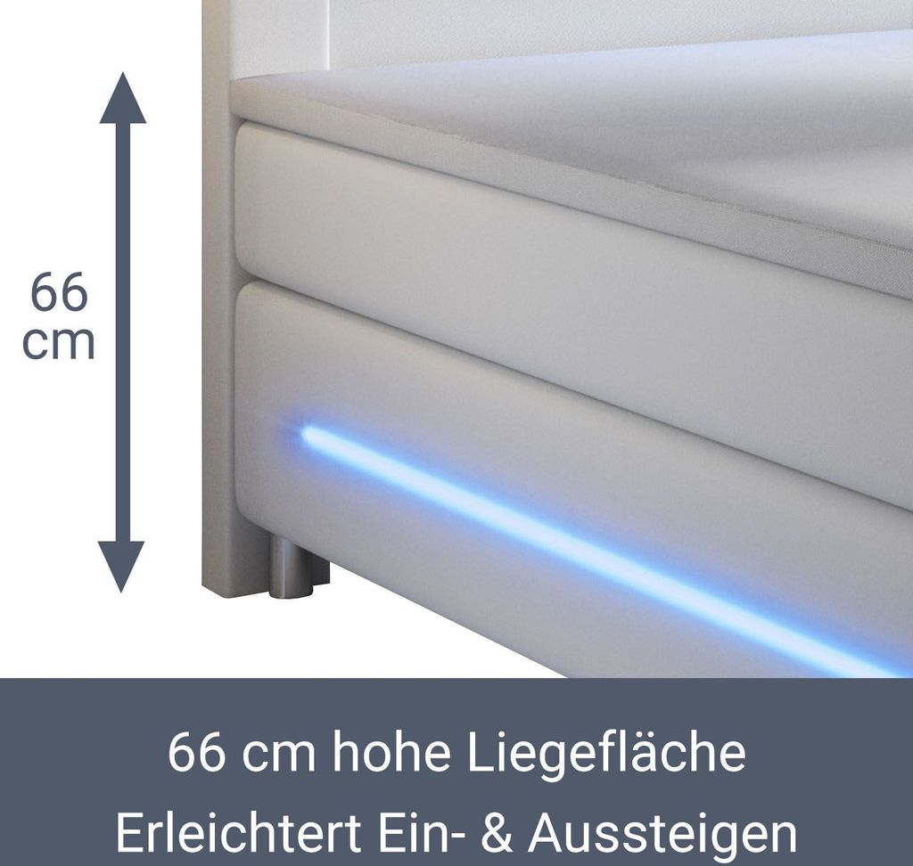 Juskys Boxspringbett Norfolk 140 x 200 cm – LED Beleuchtung, Bonell-Matratzen, Topper & Kunstleder – 66 cm Komforthöhe – weiß – Bett Dopp...