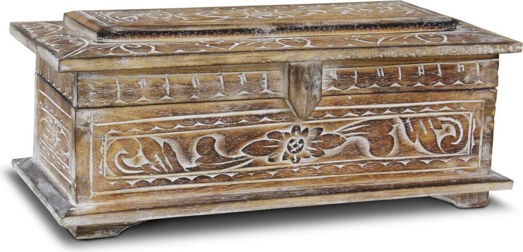Holztruhe mit Schnitzereien Schmuckkiste Schatztruhe Schatzkiste Holz Kiste Box Dose Truhe Natur WW 40 cm Klein