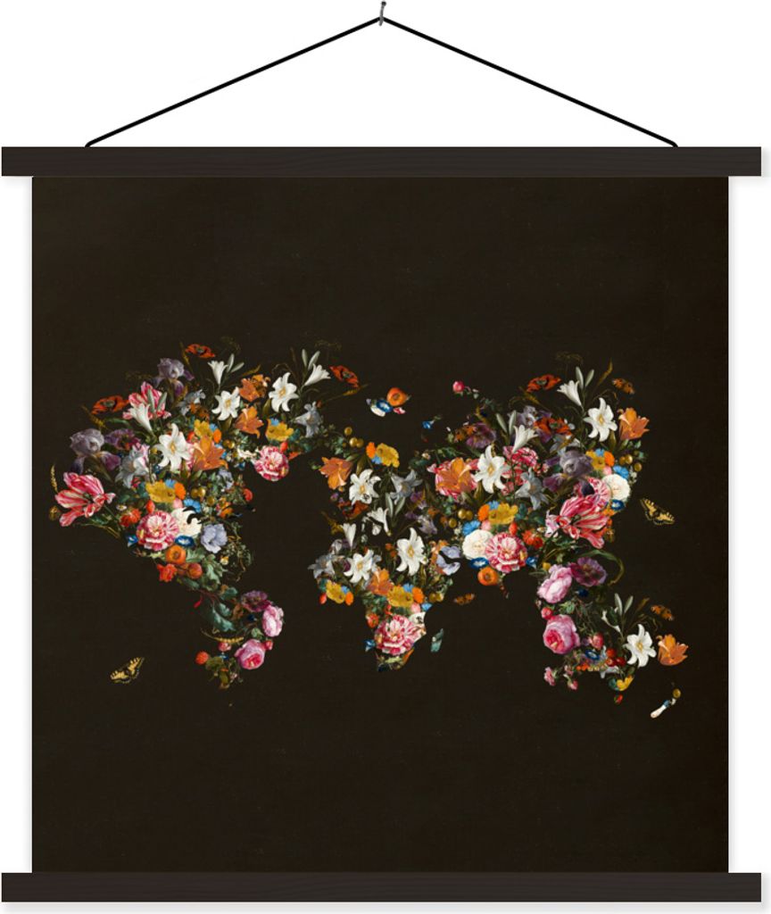 MuchoWow Textilposter Weltkarte - Rosen - Lilie - Blumen 90x90 cm mit schwarzem Rahmen - Magnetisches