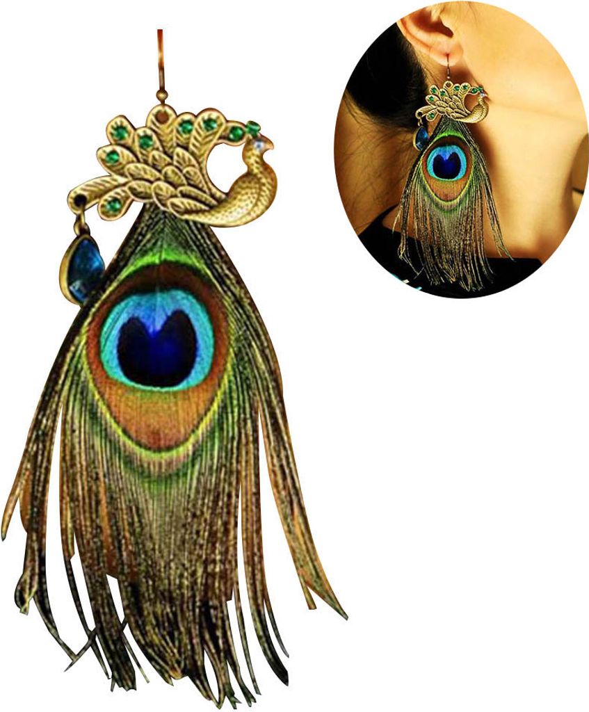 1 Stück böhmischer Pfauenfeder-Charm-Haken-Ohrring für Damen, Statement-Schmuck, Geschenk