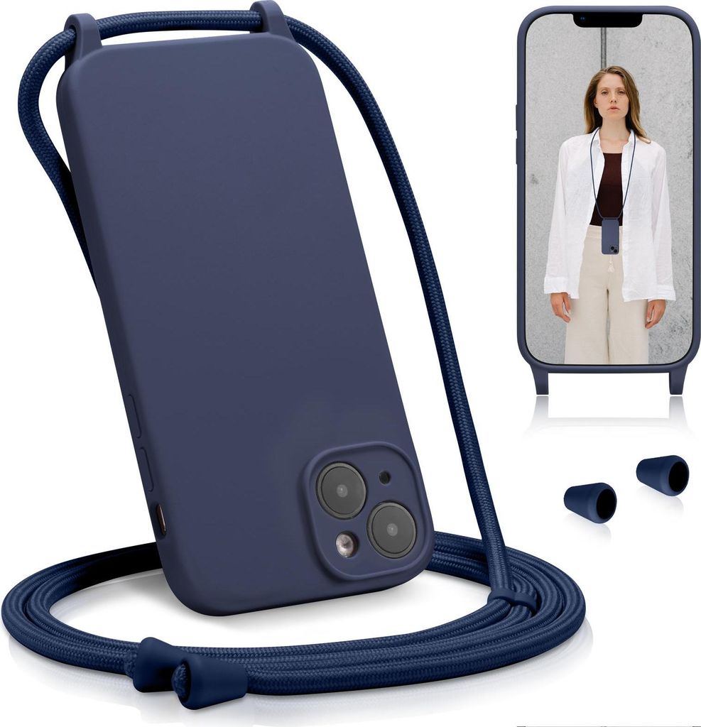 A dark blue phone case with a lanyard is shown, with a smaller image of a person wearing a similar phone case around their neck.