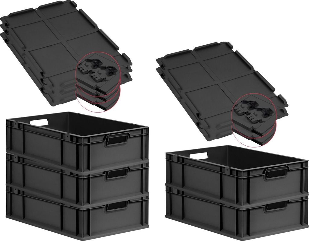 SuperSparSet 5x Eurobox NextGen Grip mit Scharnierdeckel und schwarzen Schiebeschnappverschlüssen | HxBxT 17x40x60cm | 34 Liter | Schwarz | Griffe...
