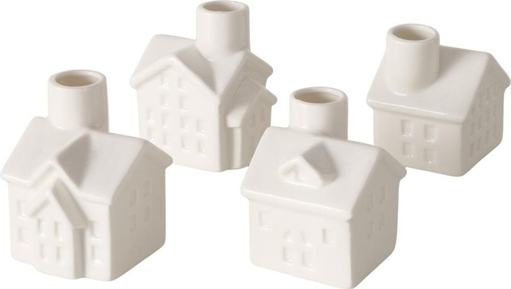 4tlg. Kerzenhalter GOD JUL weiß Porzellan Haus Kerzenhaus Dekohaus Advent (4 Motive)