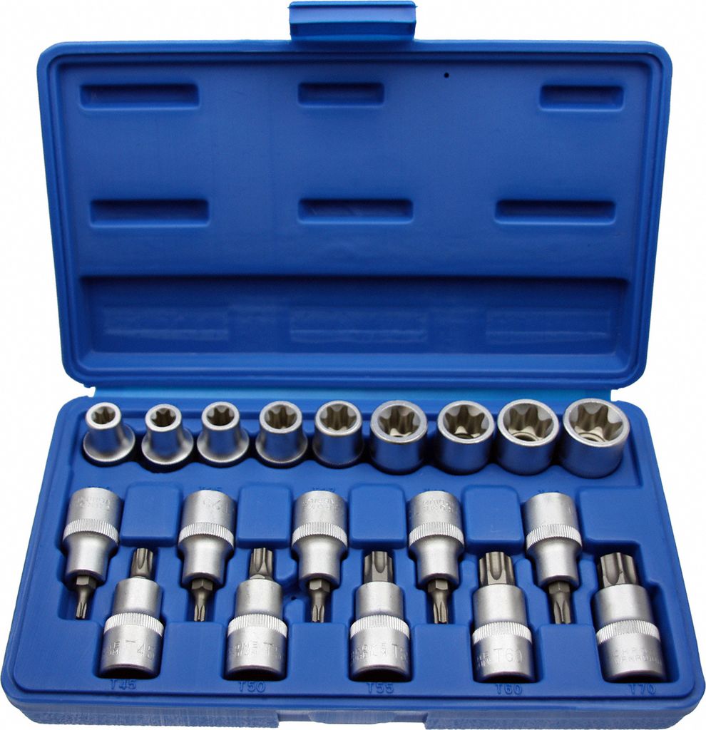 Steckschlüssel-Einsätze für Innen und Außen TORX , 19-tlg. E10-E24 +T20-T70