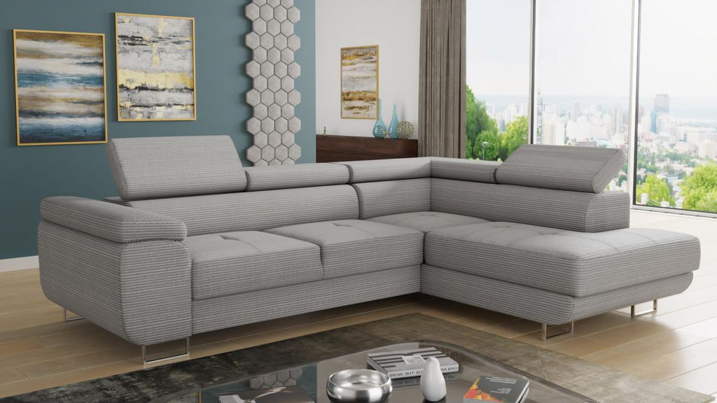 Ecksofa Caris mit Schlaffunktion und einstellbare Kopfstützen, Cord Stoff, Wohnlandschaft mit Bettkasten, Couch, Sofa, Bettsofa (Grau (Poso 110), ...