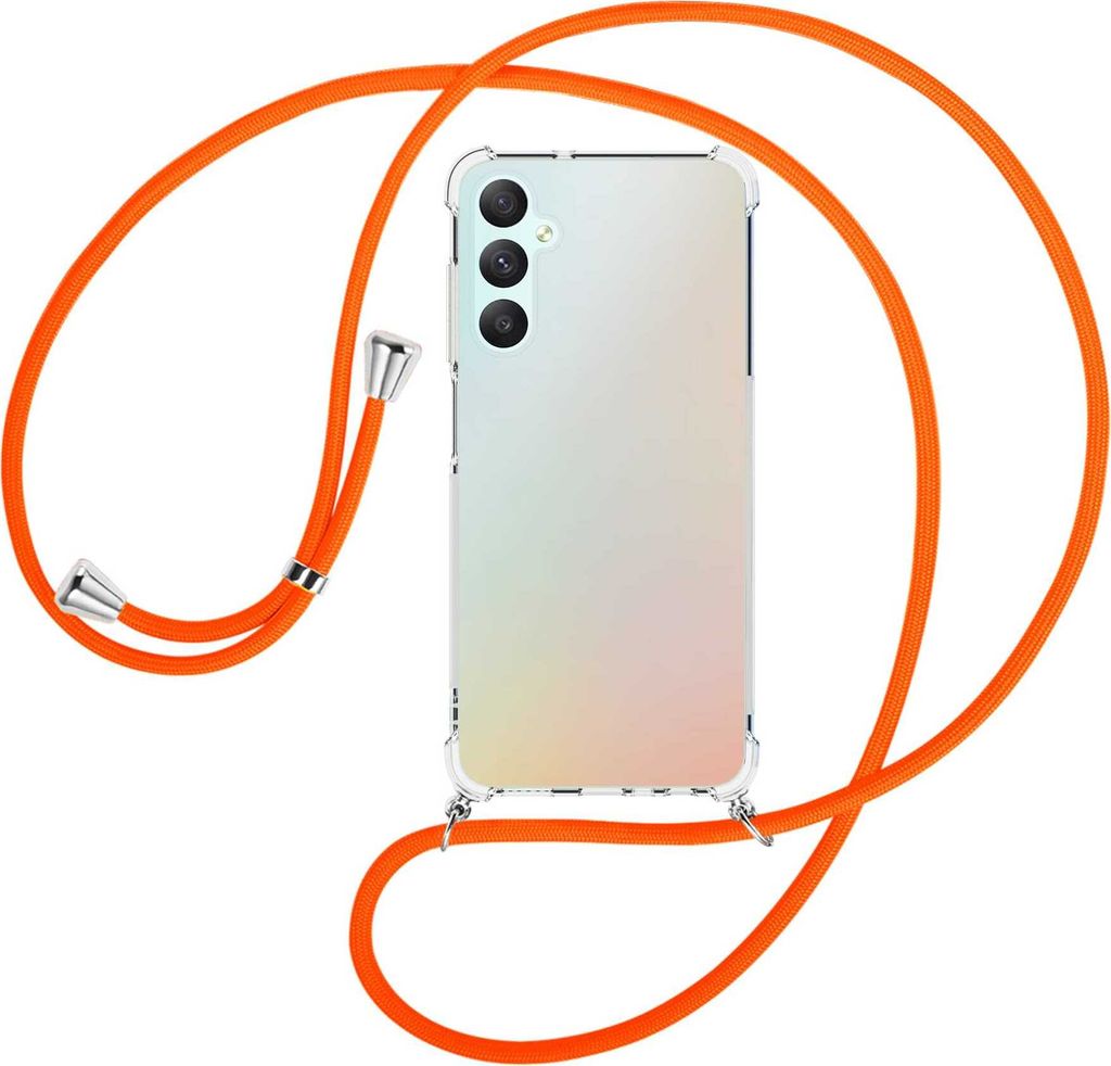 Handykette Backcover-Schutzhülle mit Band (Metall silberfarben) für Samsung Galaxy A05s (SM-A057) - neonorange