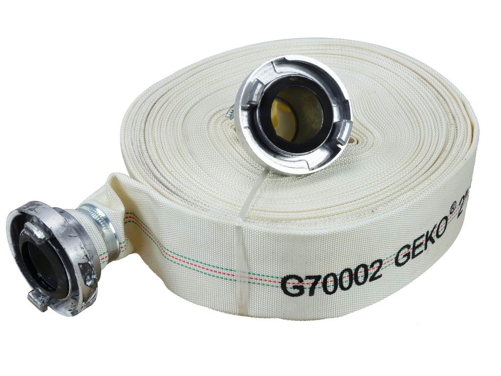A coiled white hose with metal fittings on a white background.
