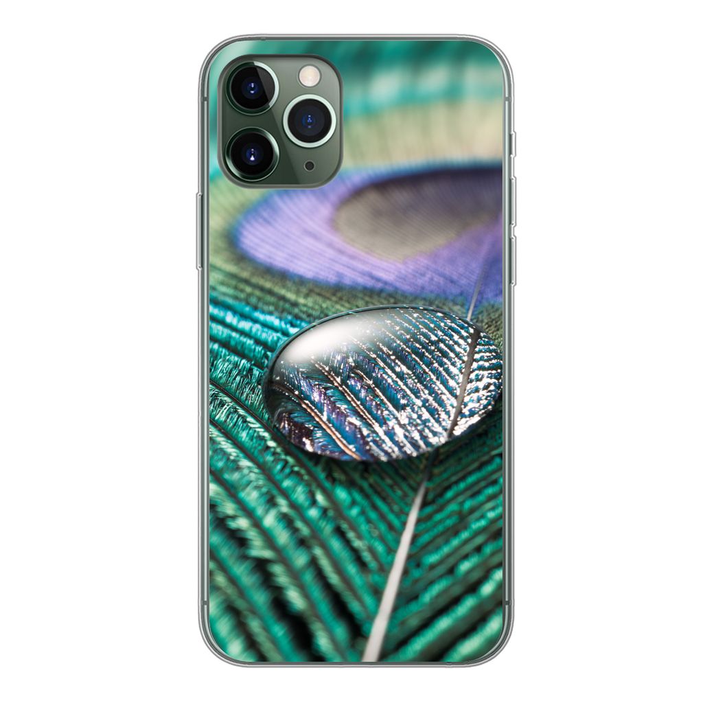 MuchoWow Handyhülle Schutzhülle Hülle für iPhone 11 Pro Nahaufnahme eines Wassertropfens auf einer Pfauenfeder Silikon Softcase Handy Hülle ...