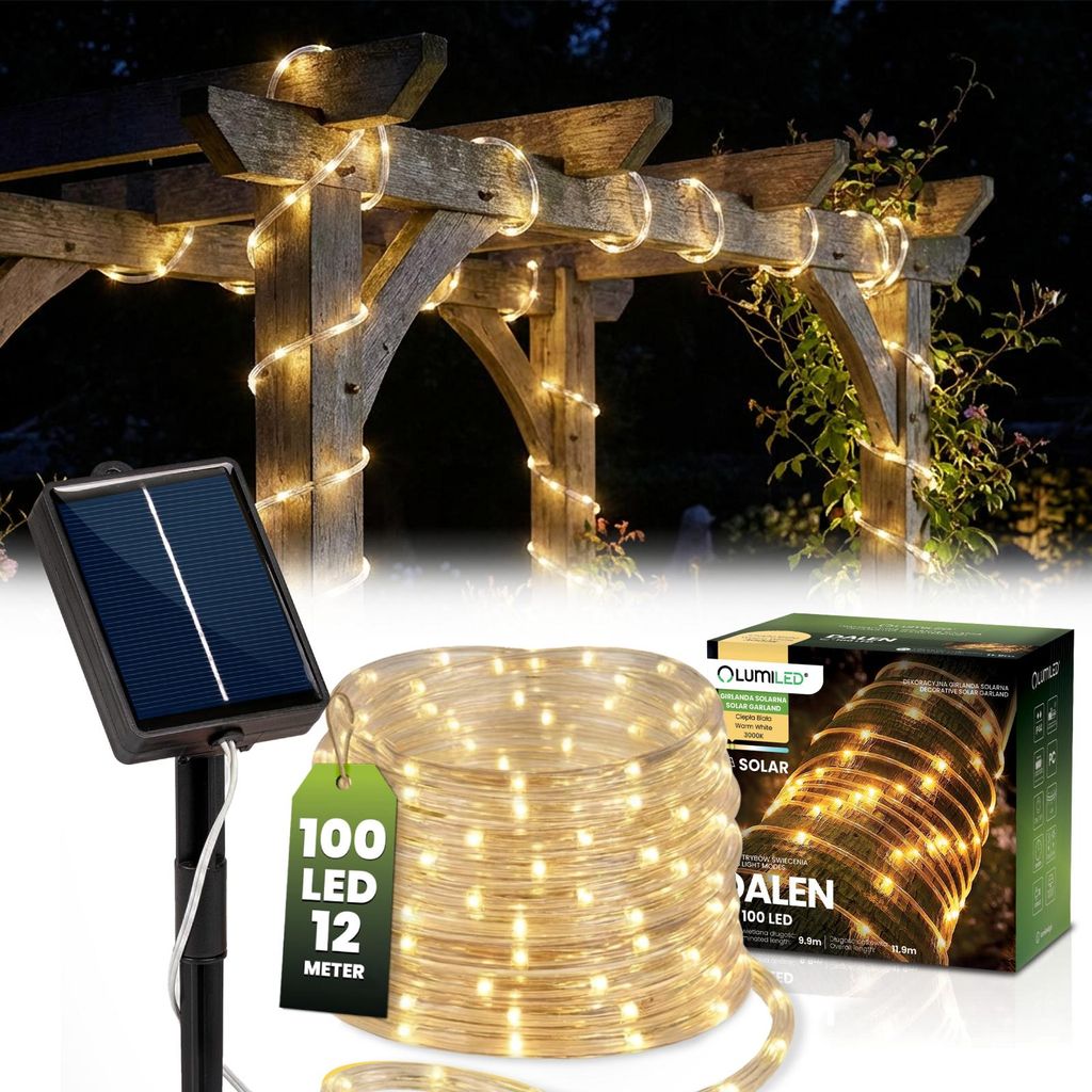 LUMILED Solar Lichterschlauch Außen 12m 100 LED Warmweiß Produktbild 