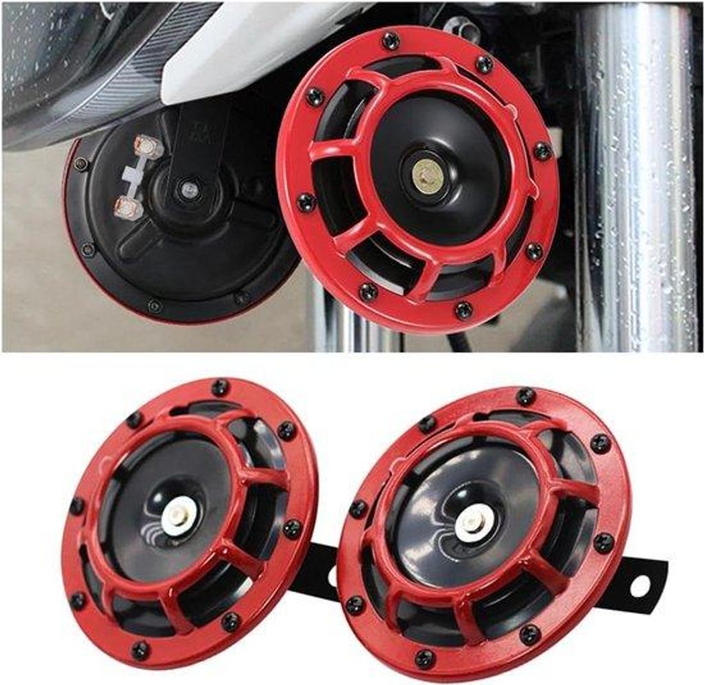 12 V elektrische lucht dubbele toeter met hoge bas autohoorn en metalen twinhoornkit voor campers (rood, set van 2)