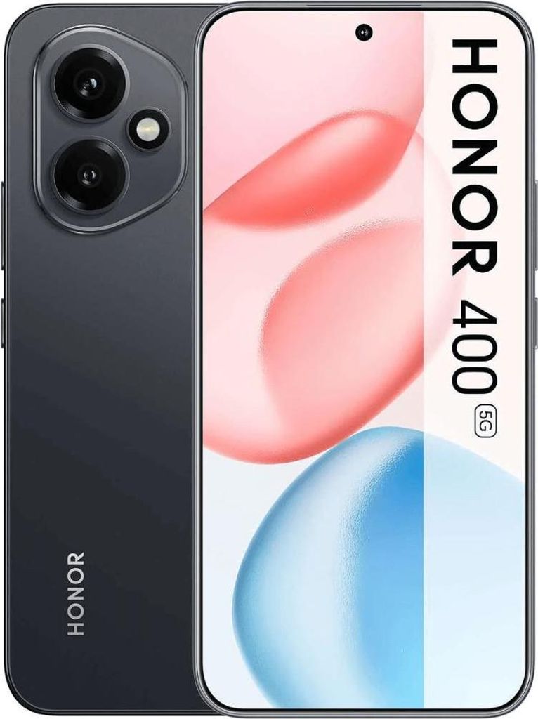 A marketing image of a Honor 400 5G smartphone, showing its rear camera module and a stylized representation of its display.