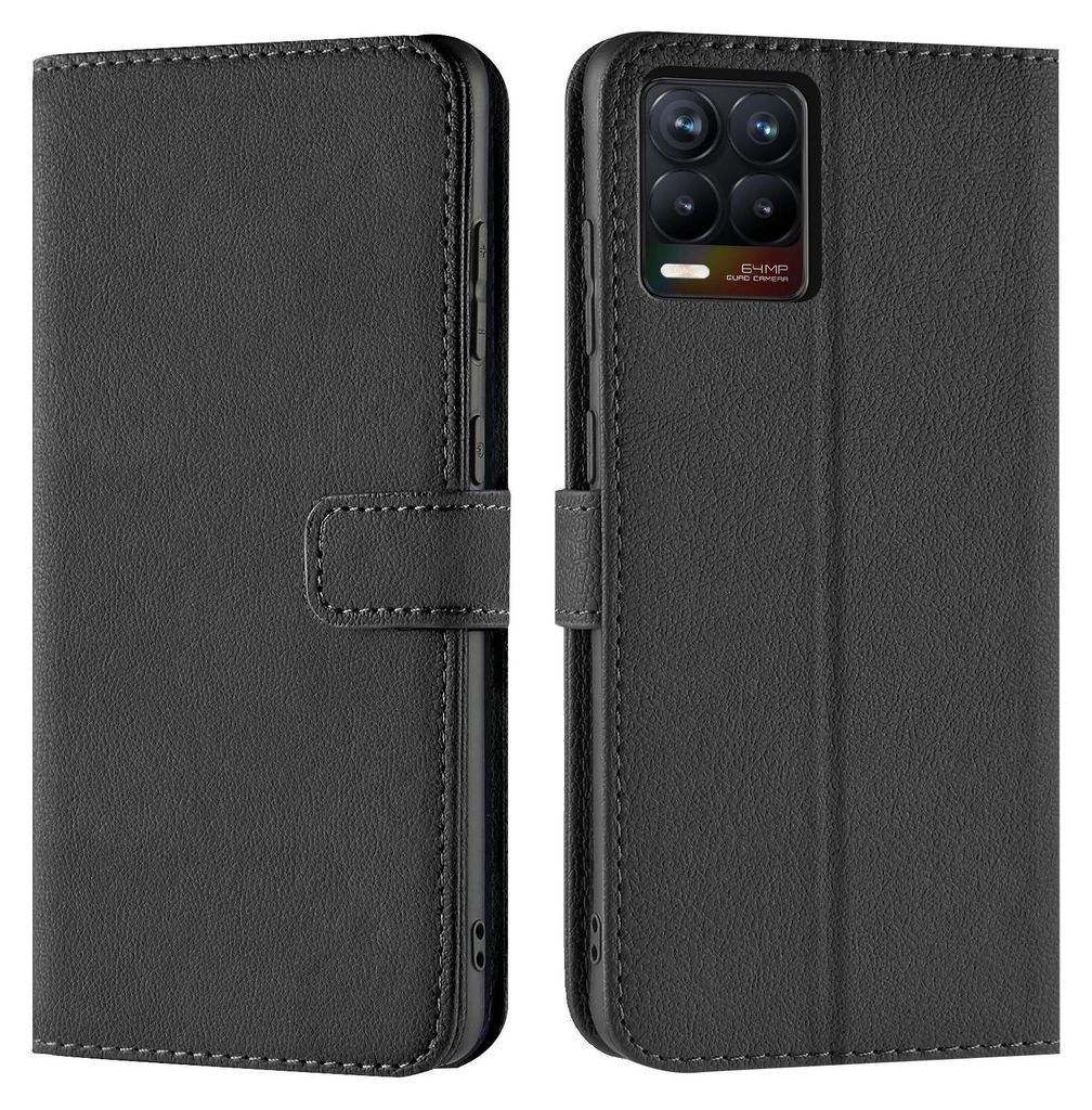 A black book-style phone case is shown, open to reveal the inside and closed to show the exterior.