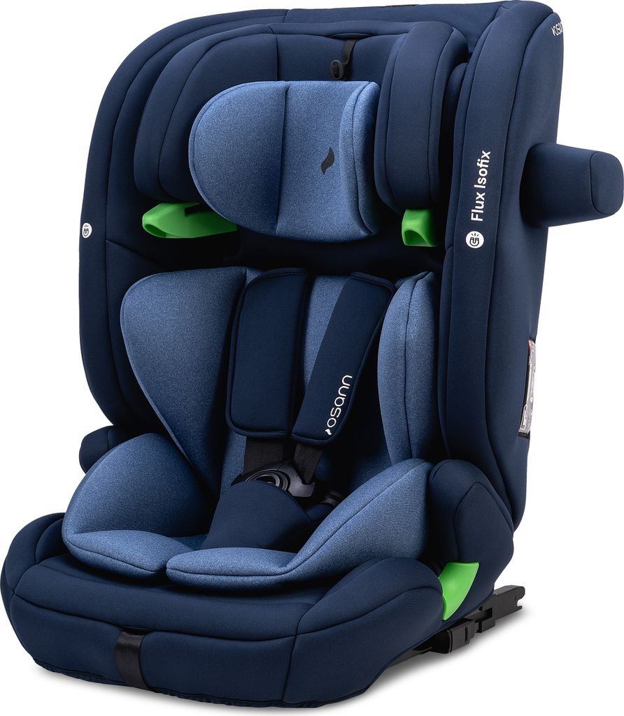 A studio shot of a navy blue child car seat.
