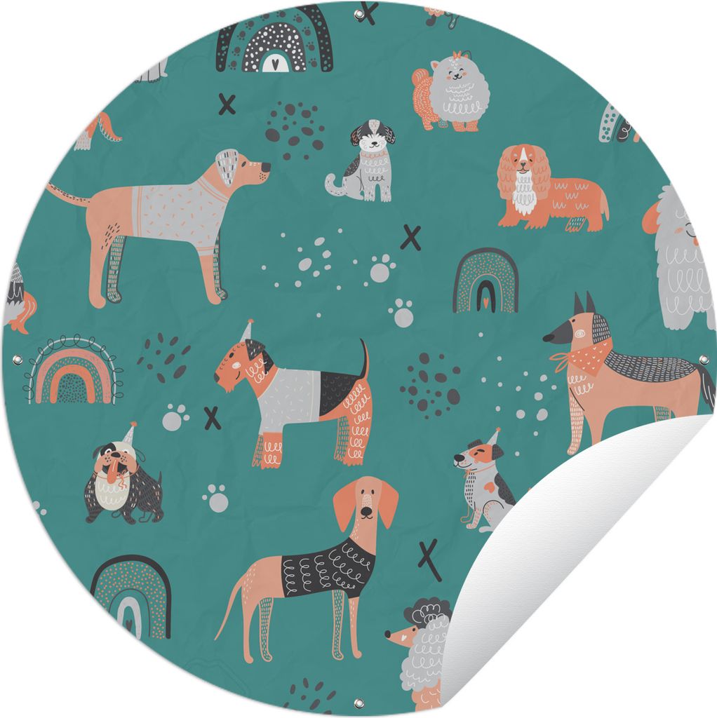 MuchoWow Gartenposter Outdoor-Poster Rund Hund Illustration mit verschiedenen Arten von Hunden gegen einen blauen Hintergrund Ø 60 cm Gartendeko...