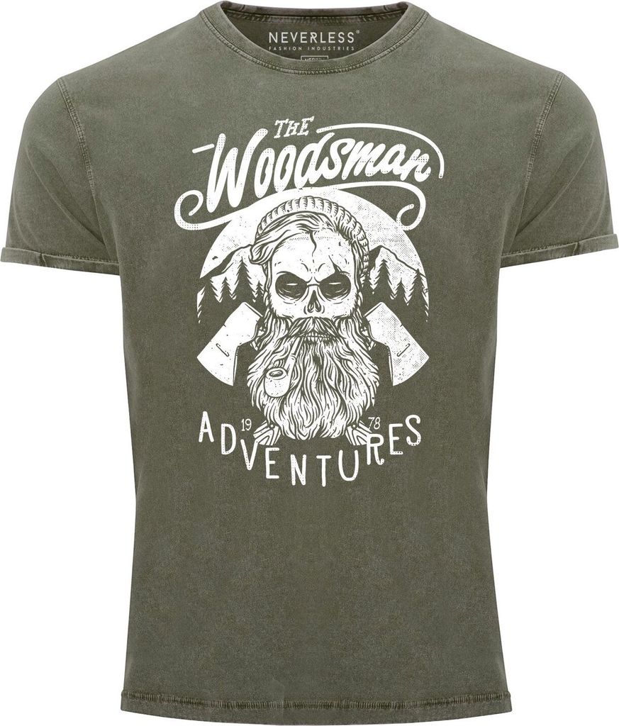 Cooles Angesagtes Herren T-Shirt Vintage Shirt Lumberjack Woodsman Hipster Bart Skull Aufdruck Used Look Slim Fit Neverless oliv XL