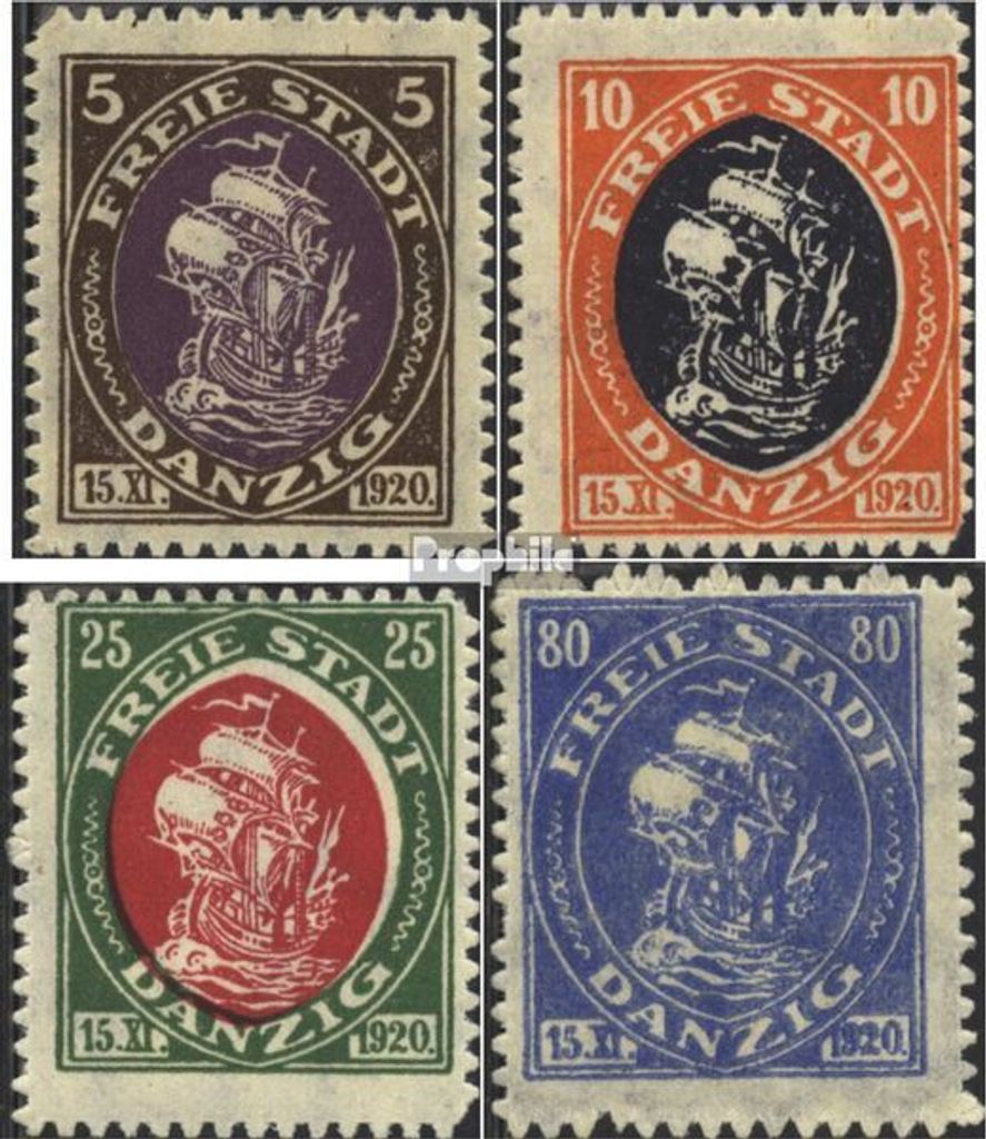 Briefmarken Danzig 1921 Mi 53-55,57 Gefälligkeitsentwertung gestempelt Handelskogge