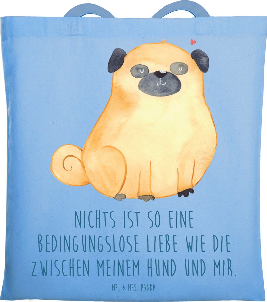 Mr. & Mrs. Panda Jutebeutel Mops - Sky Blue - Geschenk, Tote Bag, Hund, Sprüche, Uni Tasche, Pure Liebe, Knuffig, Shopping, Hundeliebe, Schultasch...